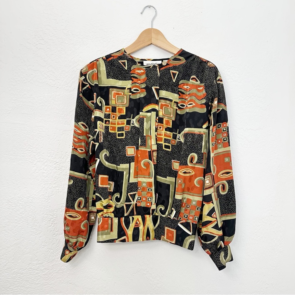 Vintage 80s Yves St. Clair Abstract Print Blouse Black Orange Womens Size M